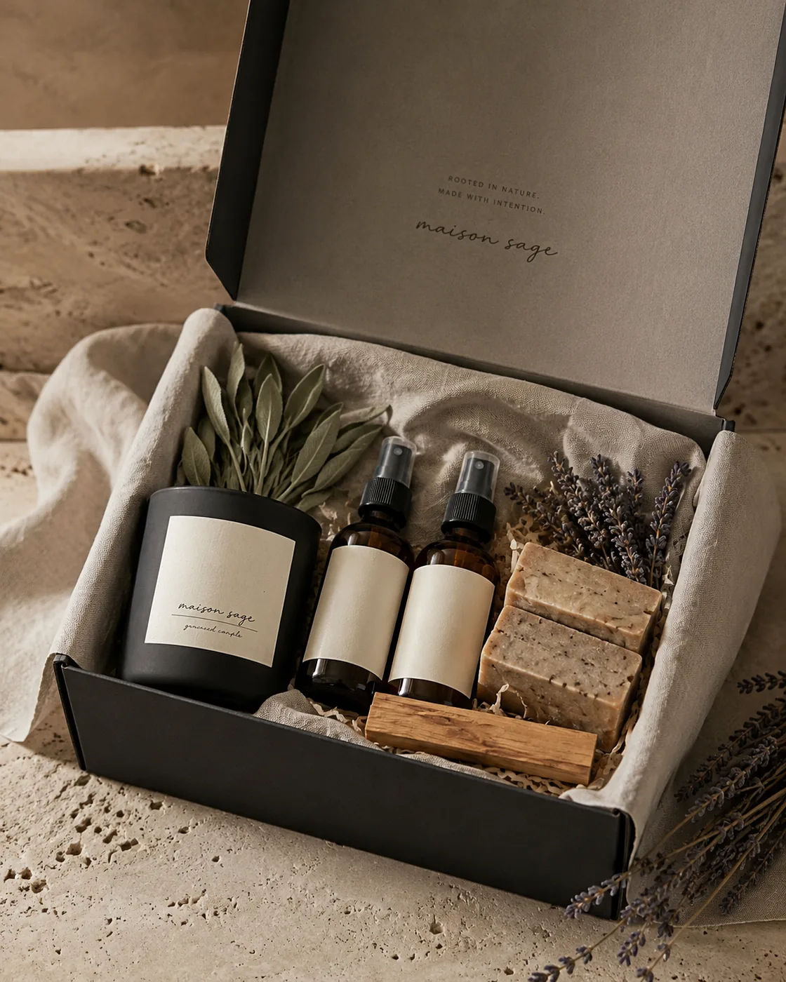 Maison Sage sprays and ritual objects styled for private orders and hospitality settings